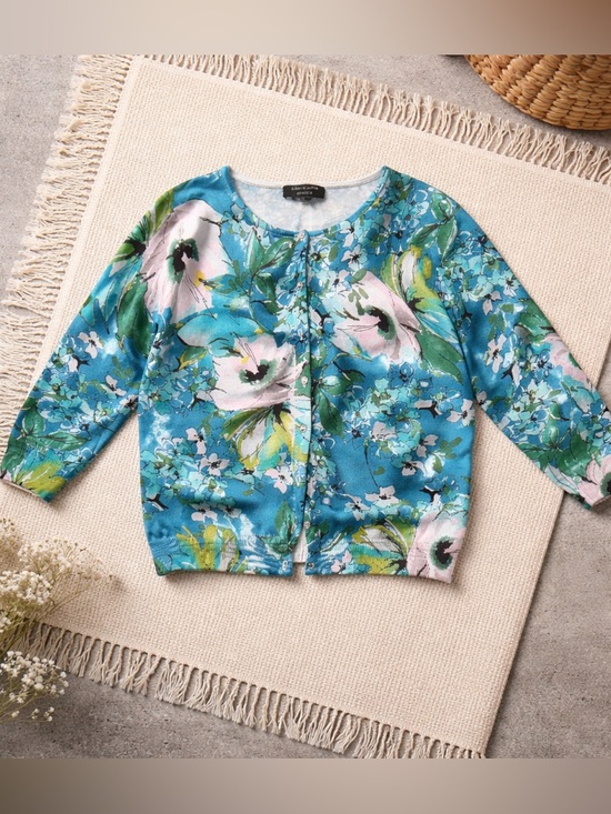 Cable & Gauge Sweaters - Cable & Gauge Floral Blue Green Button Cardigan